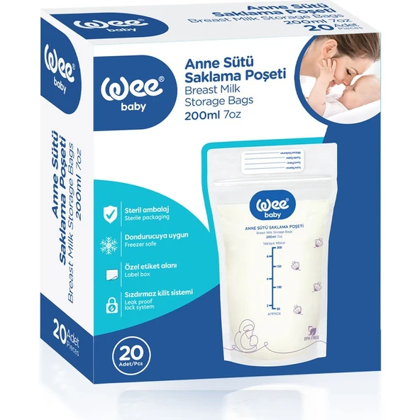 Wee Baby Anne Sütü Saklama Poşeti 20 Adet BPA İçermeyen Dondurucuya Uygun 200 ml ürün görseli 1