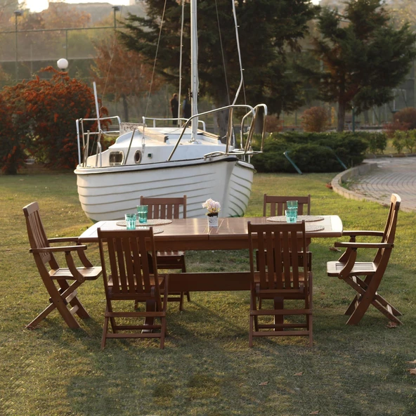 Bahçeme Avşa Side Ahşap Bahçe Balkon Takımı: 90x180 +50 cm Uzayan Masa & 6 Katlanır Sandalye - Resim 4