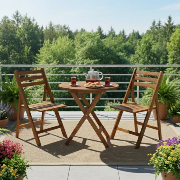 Bahçeme Albatros Katlanır Ahşap Bahçe Balkon Takımı: 60lık Masa + 2 Sandalye - Resim 2