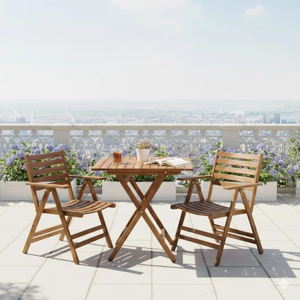 Bahçeci London Atina Ahşap Bahçe Balkon Takımı: 60x60 Masa + 2 Sandalye Katlanır Set - Resim 2