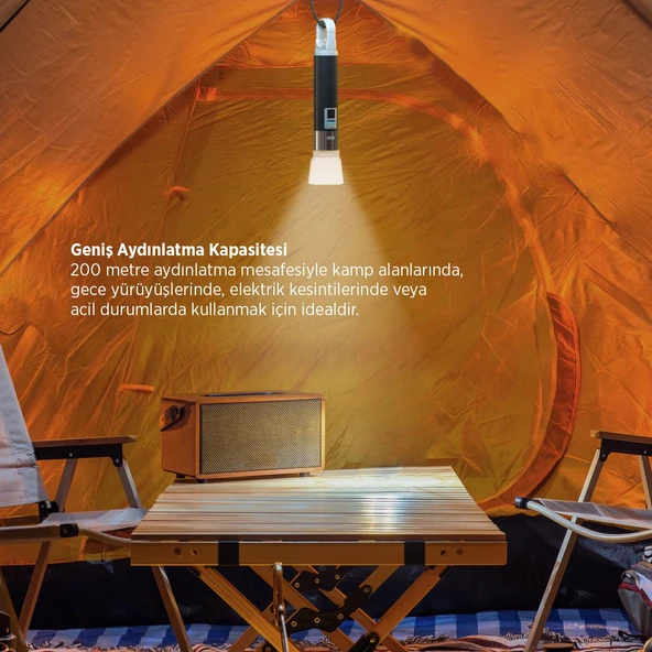 House Pratik HP75 Güçlü El Feneri 380 Lümen 200m Aydınlatma Type-C Şarjlı 4 Modlu Siyah - Resim 5