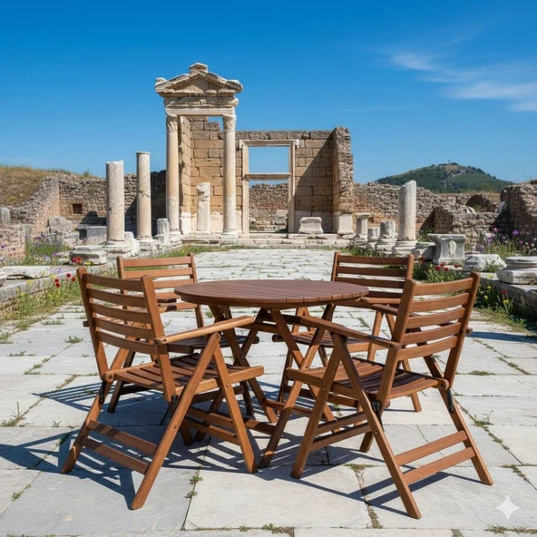 Bahçeme Antalya Katlanır Ahşap Bahçe Balkon Seti: 90lık Yuvarlak Masa + 4 Sandalye - Resim 2