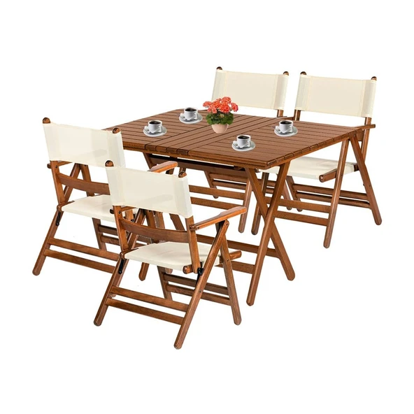 Bahçeme Marmaris PVCli Ahşap Bahçe Balkon Seti: 80x140 Masa + 4 Sandalye Katlanır Takım - Resim 5