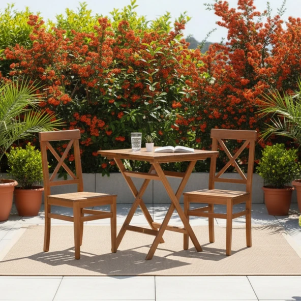 Bahçeme Çeşme Ahşap Bahçe Balkon Seti: 70x70 Katlanır Masa + 2 Sandalye - Resim 2