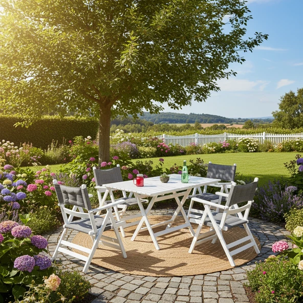 Bahçeme Marmaris Minderli Ahşap Bahçe Takımı Beyaz: 70X120 Masa + 4 Sandalye Katlanır Takım - Resim 9