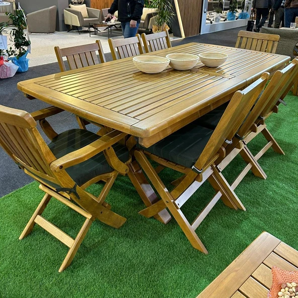 Bahçeme Avşa Side Ahşap Bahçe Balkon Takımı: 90x180 + 50 cm Uzayan Masa & 8 Katlanır Sandalye - Resim 2