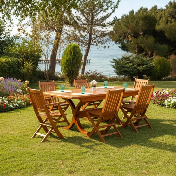 Bahçeme Avşa Side Ahşap Bahçe Balkon Takımı: 100x200 + 100 cm Uzayan Masa & 6 Katlanır Sandalye - Resim 3