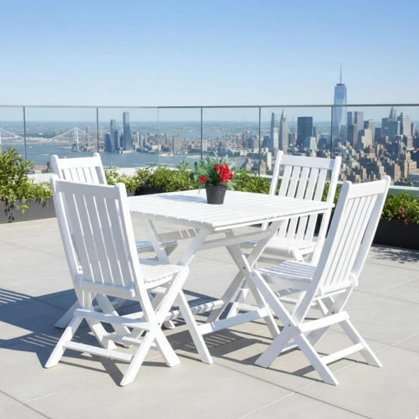 Bahçeme Avşa Ahşap Katlanır Bahçe Balkon Takımı Beyaz: 80x80 Masa + 4 Sandalye - Resim 2