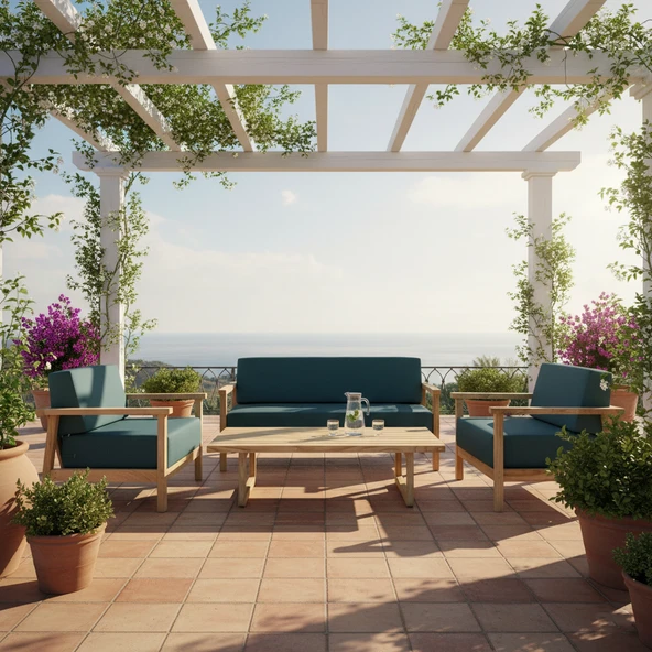 Bahçeme Üsküdar (Malaga) Ahşap Oturma Grubu Minderli - Masif Kestane 5 Kişilik Koltuk Takımı - Resim 2