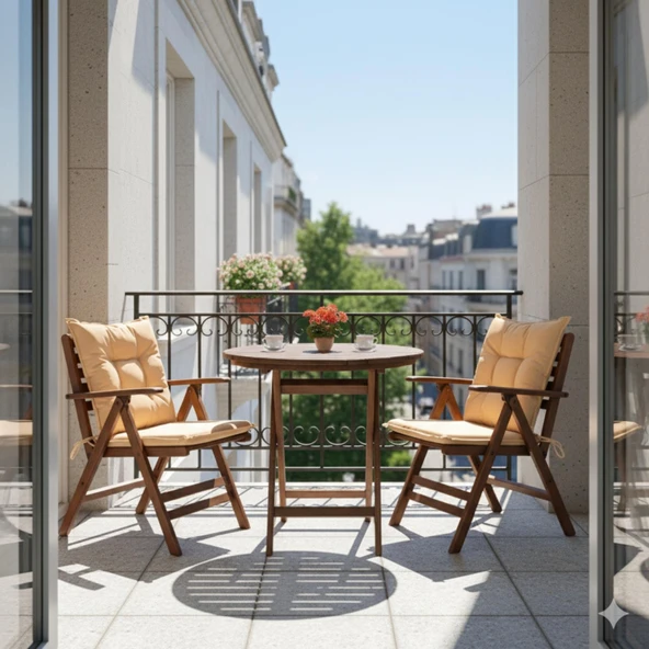 Bahçeme Antalya Katlanır Ahşap Bahçe Balkon Takımı: 60lık Yuvarlak Masa + 2 Minderli Sandalye - Resim 2