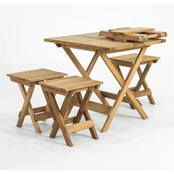 Mobeva Flat Kayın Ahşap Bahçe Takımı: 70x53 Masa + 4 Tabure Katlanır Set - Resim 5
