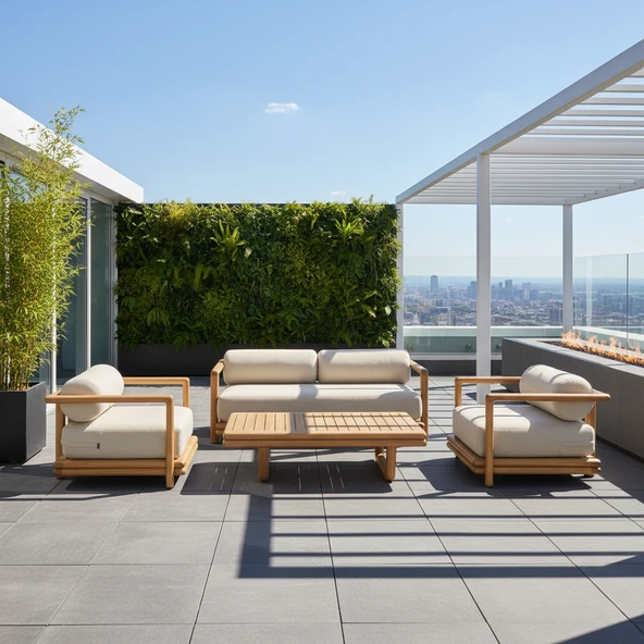 Bahçeme Tibet Ahşap Oturma Grubu Minderli - Masif Kayın 5 Kişilik Koltuk Takımı - Resim 3