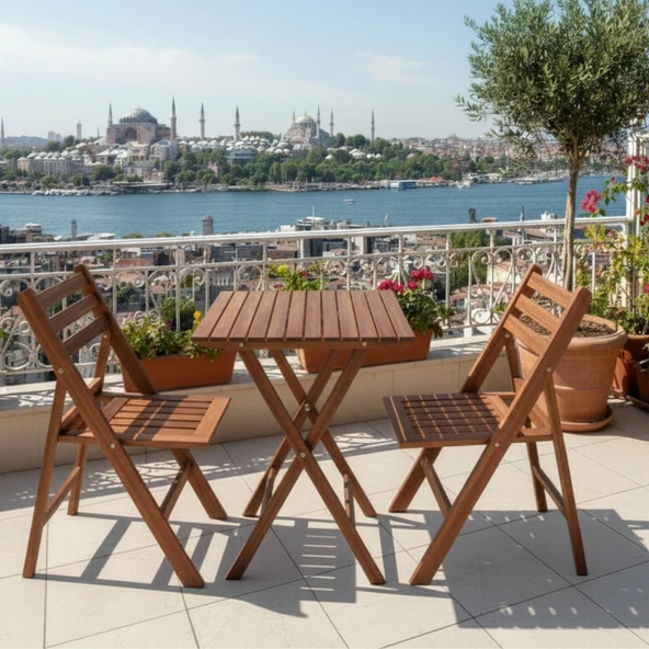 Bahçeme Albatros Ada Ahşap Bahçe Balkon Seti: 60x60 Masa + 2 Sandalye Katlanır Takım ürün görseli 1