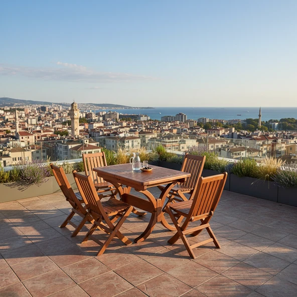 Bahçeme Avşa Side Ahşap Bahçe Balkon Takımı: 70x120 + 40 cm Uzayan Masa & 4 Katlanır Sandalye - Resim 2