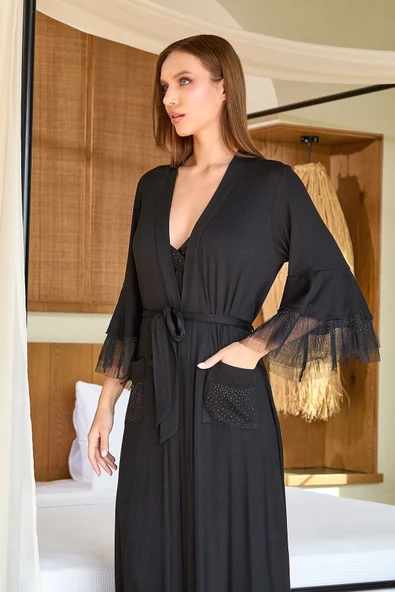 Aqua 25589 Kadın Uzun Şifon Detay Sabahlık ürün görseli 1