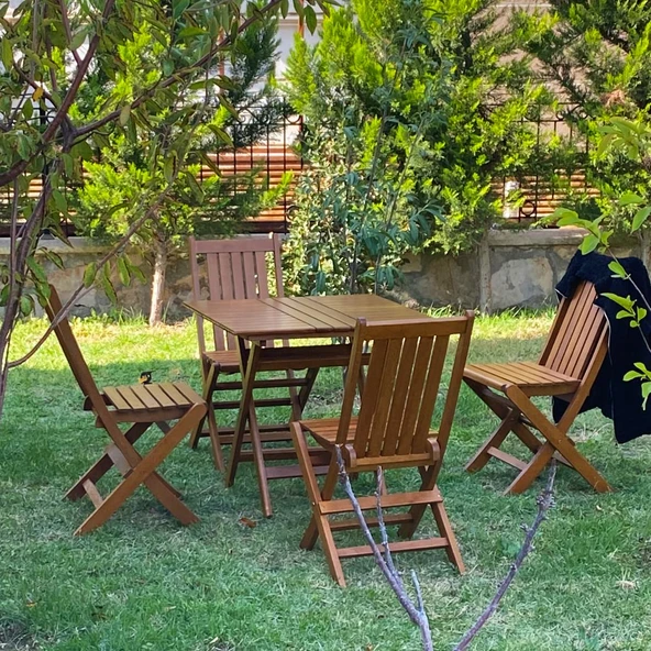 Bahçeme Avşa Ahşap Katlanır Bahçe Balkon Takımı: 80x120 Masa + 4 Sandalye - Resim 2