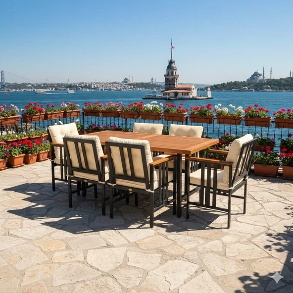 Bahçeme Çamlıca Alüminyum Yemek Takımı - 6 Kişilik Bahçe Teras Mutfak Kanepe Takımı ürün görseli 1