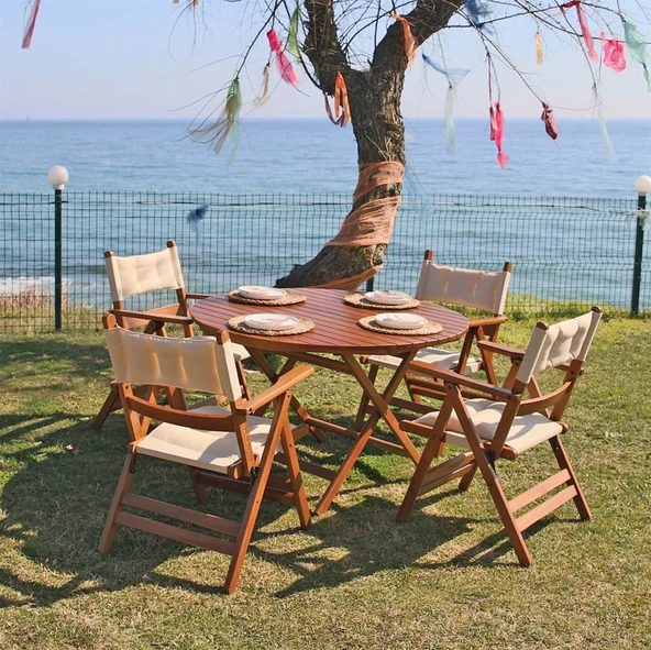 Bahçeme Marmaris Minderli Ahşap Bahçe Balkon Seti: 90lık Masa + 4 Sandalye Katlanır Takım ürün görseli