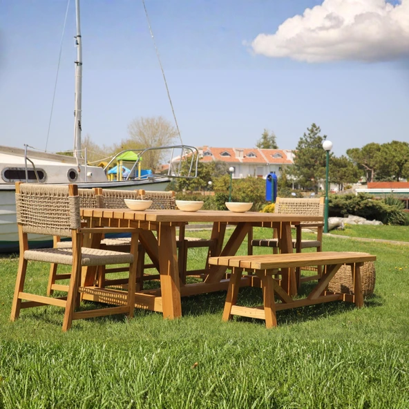 Bahçeme Taksim 9 Kişilik Kestane Bahçe Takımı: 5 Sandalye + 100X240 Masa + 40X240 Bank - Resim 2