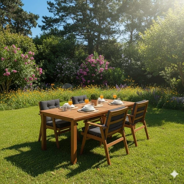 Bahçeme Heybeli LXS Katlanır Ahşap Bahçe Takımı: 90X160 Sabit Masa + 4 Minderli Sandalye - Resim 2