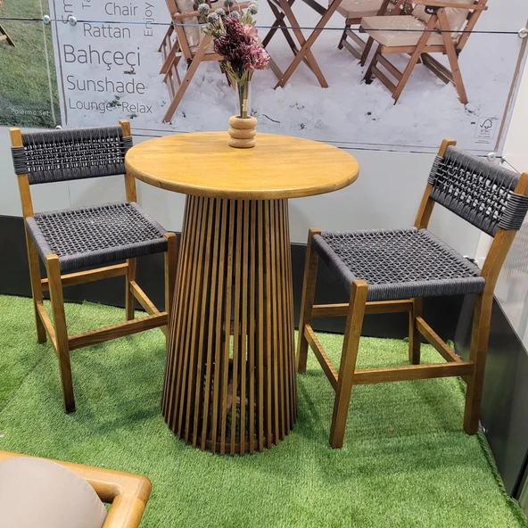 Bahçeme Taksim Bar Tipi Ahşap Bahçe Takımı: 80lik Yuvarlak Masa + 2 Sandalye - Masif Kestane - Resim 2