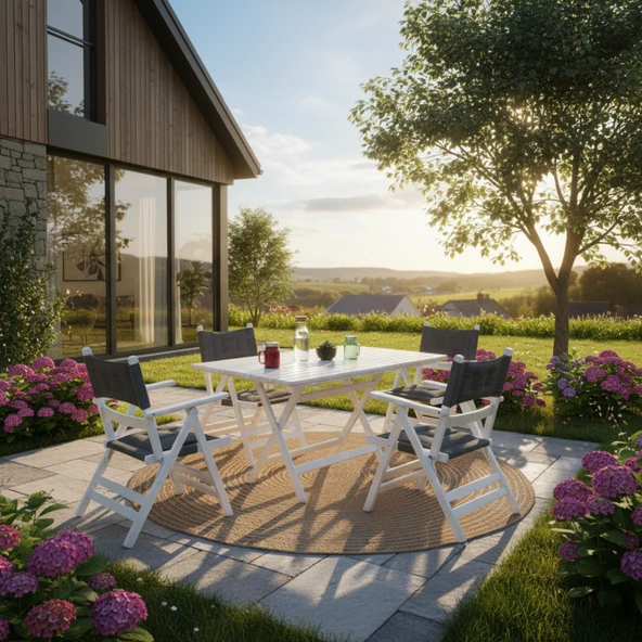 Bahçeme Marmaris Minderli Ahşap Bahçe Takımı Beyaz: 70X120 Masa + 4 Sandalye Katlanır Takım ürün görseli 1