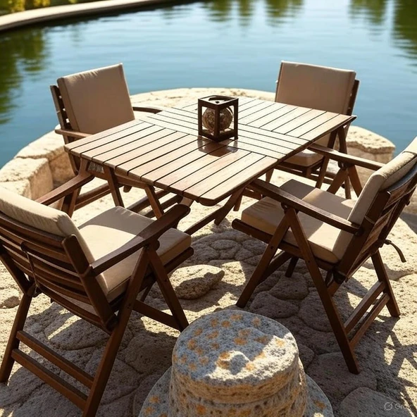 Bahçeme Antalya Katlanır Ahşap Bahçe Balkon Seti: 80x120 Masa + 4 Düz Minderli Sandalye - Resim 2