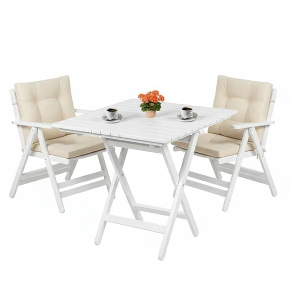 Bahçeme Antalya Katlanır Ahşap Bahçe Balkon Takımı Beyaz : 70x70 Masa + 2 Minderli Sandalye - Resim 4