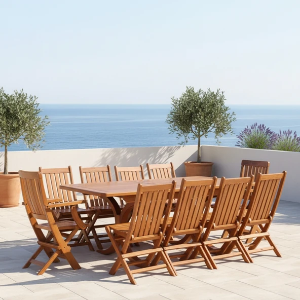 Bahçeme Avşa Side Ahşap Bahçe Balkon Takımı: 100x200 + 100 cm Uzayan Masa & 10 Katlanır Sandalye ürün görseli 1