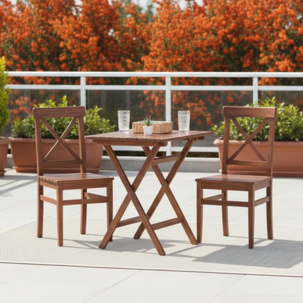Bahçeme Çeşme Ahşap Bahçe Balkon Seti: 70x70 Katlanır Masa + 2 Sandalye - Resim 4