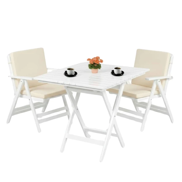 Bahçeme Antalya Katlanır Ahşap Bahçe Balkon Takımı Beyaz: 60x80 Masa + 2 Düz Minderli Sandalye - Resim 3