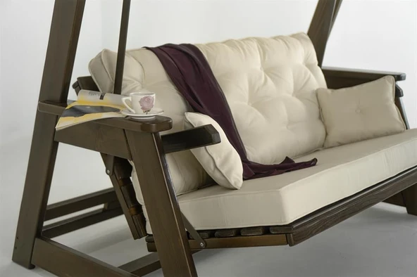 Mobeva Sunova İkili Ladin Ahşap Salıncak Dış Mekan Bahçe, Teras Salıncağı -Krem - Resim 5