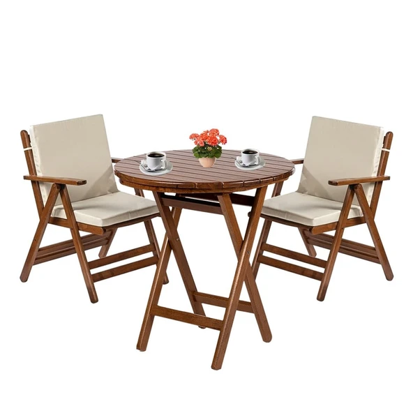 Bahçeme Antalya Katlanır Ahşap Bahçe Balkon Seti: 60lık Masa + 2 Düz Minderli Sandalye - Resim 3