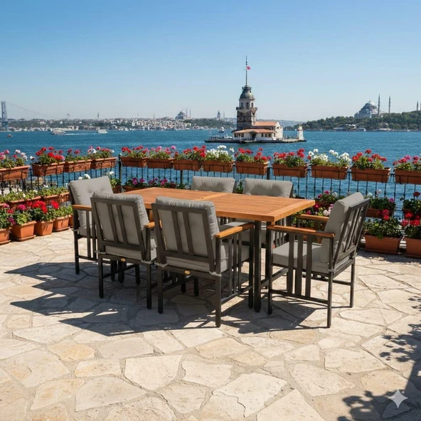 Bahçeme Çamlıca Alüminyum Yemek Takımı - 6 Kişilik Bahçe Teras Mutfak Kanepe Takımı - Resim 4