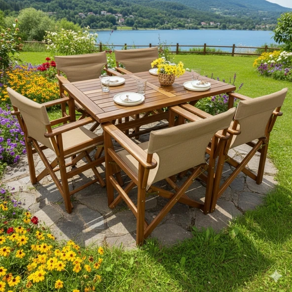 Bahçeme Yönetmen LX Katlanır Ahşap Bahçe Balkon Seti: 80x140 Masa + 6 Sandalye ürün görseli 1