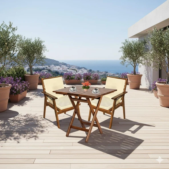 Bahçeme Heybeli Ahşap Bahçe Balkon Takımı: 60x60 Masa + 2 Düz Minderli Sandalye Katlanır Set - Resim 2
