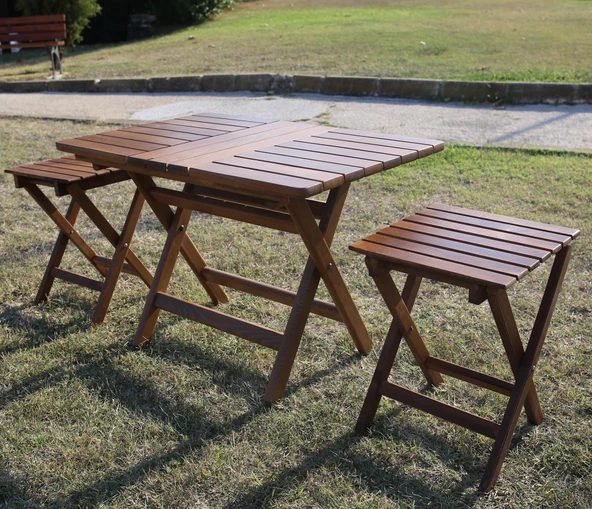 Bahçeme Paris Çay Set: 50x80 Sehpa + 2 Tabure - Katlanır Ahşap Takım ürün görseli