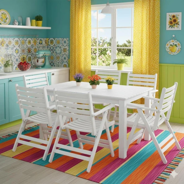 Bahçeme Antalya S Ahşap Bahçe Balkon Seti Beyaz: 80x120 Sabit Masa + 4 Katlanır Sandalye ürün görseli