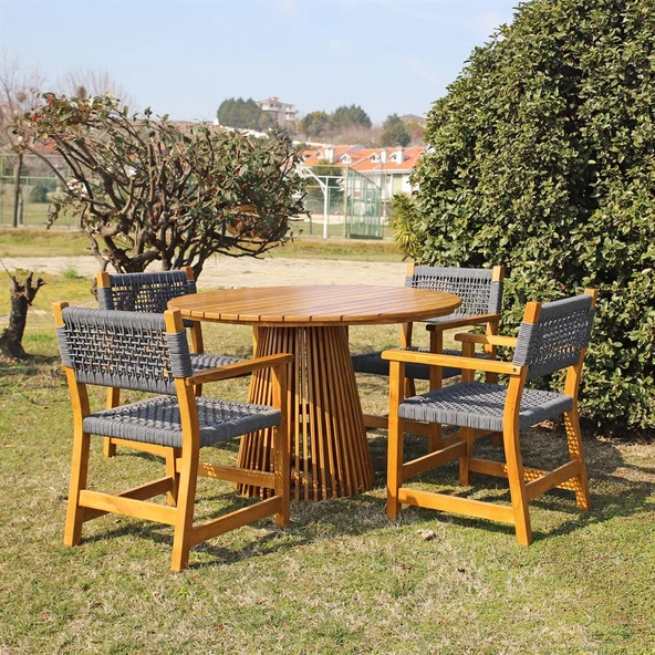 Bahçeme Üsküdar (Maya) Kolçaklı Ahşap Sandalye -Masif Kestane & Antrasit Örgü - Resim 6