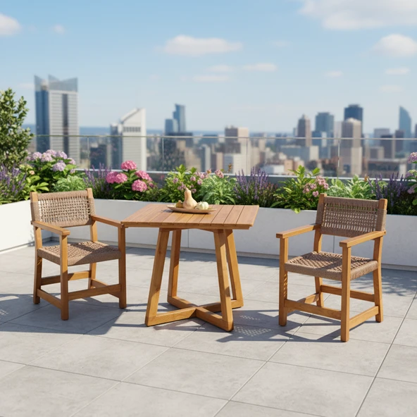 Bahçeme Gökçeada Ahşap Bahçe Takımı: 85X85 Masa + 2 Sandalye - Masif Kestane - Resim 2