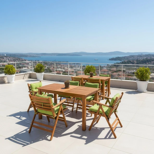 Bahçeme Antalya Ahşap Bahçe Balkon Seti: 80x120 Sabit Masa +4 Düğme Minderli Sandalye - Resim 2