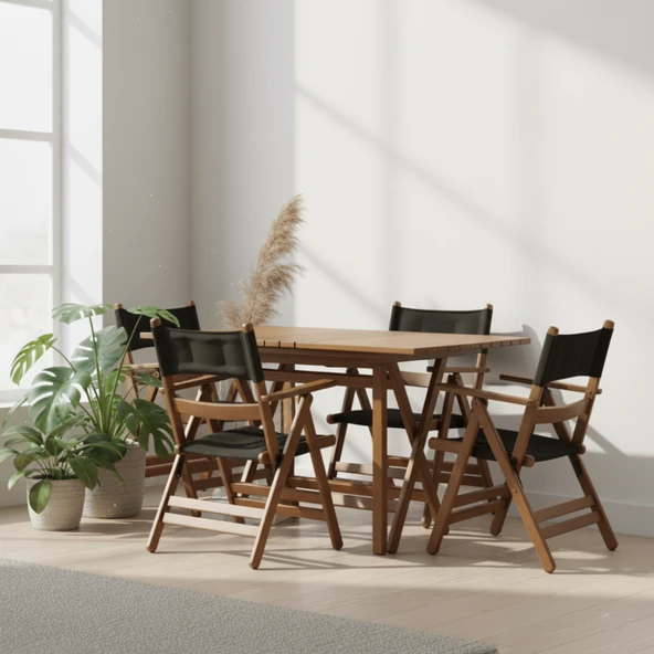 Bahçeci Atina Minderli Ahşap Bahçe Balkon Takımı-80X120 Masa + 4 Sandalye - Resim 3