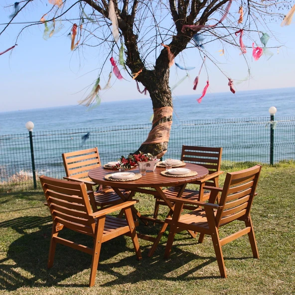 Bahçeme Datça 120lik Katlanır Ahşap Masa - Yuvarlak Bahçe Balkon Mutfak Masası - Resim 2