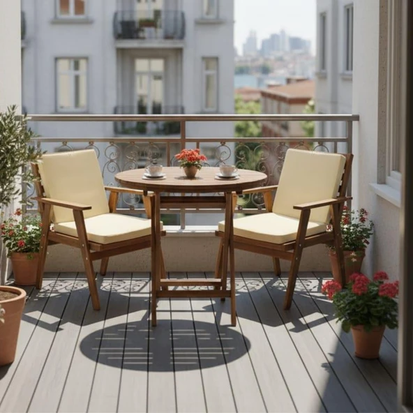 Bahçeme Heybeli Ahşap Bahçe Balkon Takımı: 60lık Masa + 2 Düz Minderli Sandalye Katlanır Set ürün görseli 1