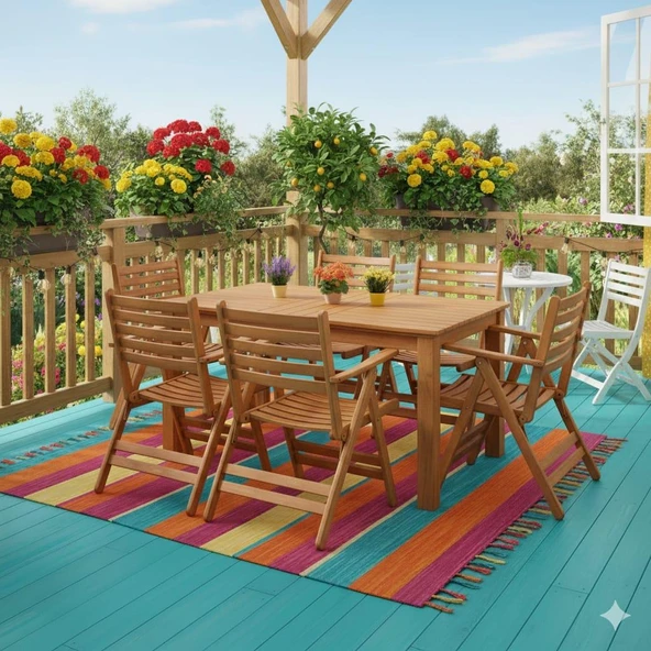 Bahçeme Antalya S Ahşap Bahçe Balkon Seti: 70x120 Sabit Masa + 6 Katlanır Sandalye (2+2+1+1) ürün görseli 1