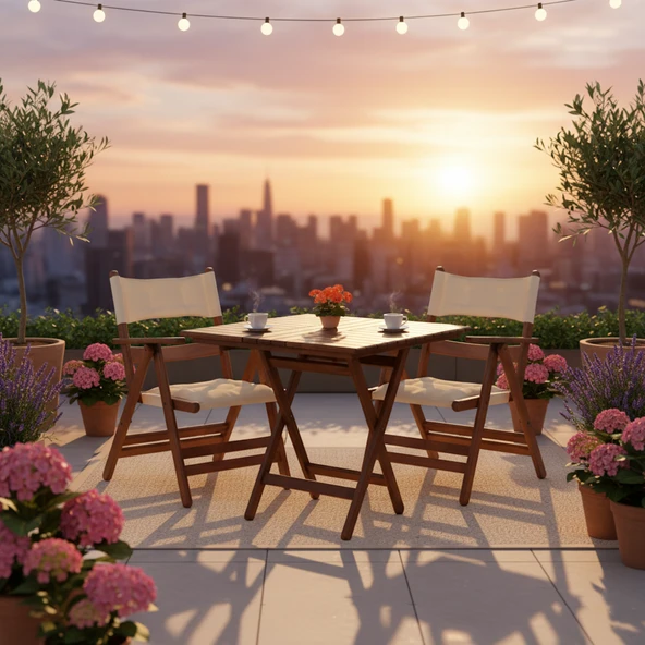 Bahçeme Marmaris Minderli Ahşap Bahçe Balkon Takımı: 60X80 Masa + 2 Sandalye Katlanır Set - Resim 2