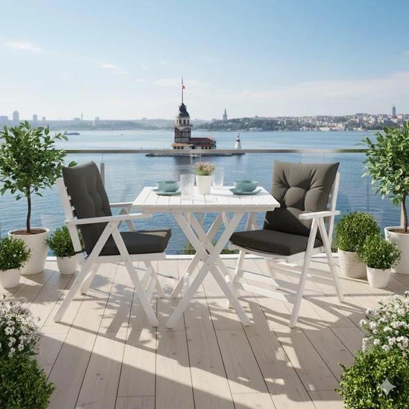 Bahçeme Antalya Katlanır Ahşap Bahçe Balkon Takımı Beyaz : 60x60 Masa + 2 Minderli Sandalye ürün görseli 1