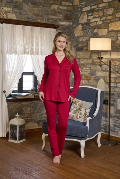 Aqua 26280 Kadın Uzun Kol Önü Düğmeli Pijama Takım - Resim 3