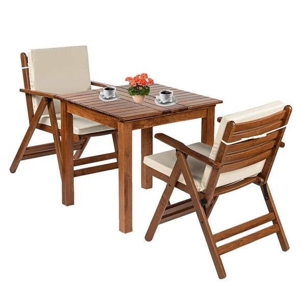 Bahçeme Antalya Ahşap Bahçe Takımı: 70x70 Sabit Masa + 2 Düz Minderli Katlanır Sandalye - Resim 4