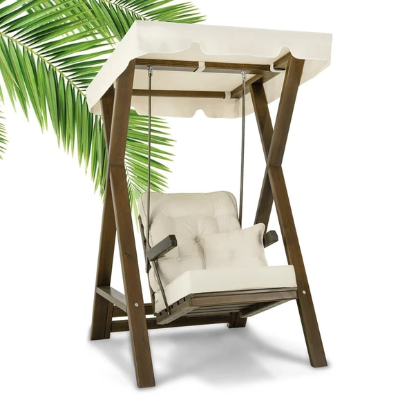 Mobeva Meda Tekli Ladin Ahşap Salıncak Dış Mekan Bahçe, Teras Salıncağı -Krem ürün görseli 1